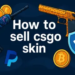 Jak sprzedać skiny CS2? Grafika przedstawia broń z gry, monety, logo PayPal i Bitcoin, symbolizujące bezpieczne transakcje.