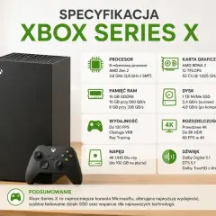 Xbox Series X z kontrolerem, specyfikacja konsoli: procesor, RAM, grafika, dysk SSD, wydajność 120 FPS, rozdzielczość 4K/8K. xsx.