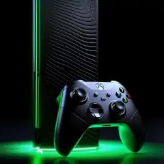 Nowa konsola Xbox next gen z kontrolerem, otoczona zielonym blaskiem. Gotowy na przyszłość gier?