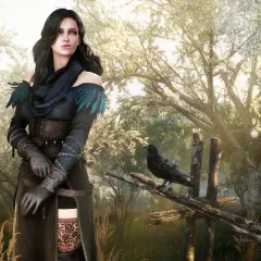 Yennefer w czarnej sukni z piórami i krukiem na płocie, na tle kwitnących drzew.