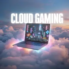 Laptop unoszący się na chmurach z neonowym miastem na ekranie. Napis "CLOUD GAMING".