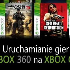 Okładki gier na Xbox 360, m.in. Gears of War 3 i Red Dead Redemption, na tle tekstu "Uruchamianie gier z XBOX 360 na XBOX One".