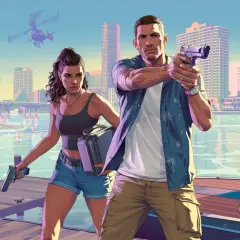 Para z bronią na molo, w tle miasto i policyjna łódź. Wygląda jak scena z GTA 6 PC.