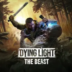 Człowiek walczy z potworem w lesie, otoczony przez zombie. Napis "Dying Light The Beast".