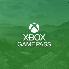 Logo Xbox Game Pass na tle zielonego krajobrazu z samolotem.
