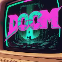 Stare gry komputerowe na ekranie starego monitora. Neonowy napis "DOOM" i sylwetki postaci w mrocznym krajobrazie.