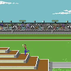 Biegacz na schodach stadionu, klasyczne gry na Commodore 64. Widownia kibicuje.