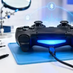 Czarny pad Xbox podłączony kablem, z ikonami Bluetooth, Wi-Fi i baterii.