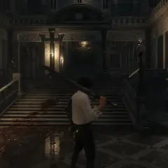 Mroczna klatka schodowa, krew na posadzce, postać z mieczem. Klimat jak w Bloodborne na Xbox.