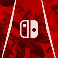 Logo Nintendo Switch na tle postaci z gier w czerwonych barwach.