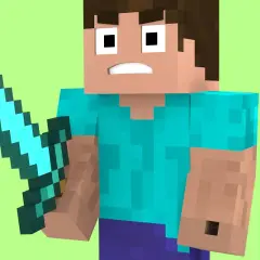 Postać z gry Minecraft trzymająca niebieski miecz na zielonym tle.