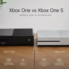 Porównanie Xbox One i Xbox One S. Xbox One S ma smuklejszy design, odtwarza wideo 4K UHD i pracuje ciszej.