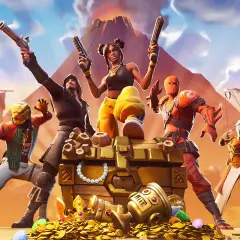 Postacie z gry Fortnite wokół skrzyni ze skarbami i złotymi monetami.