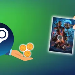 Ręka trzyma grę Baldur's Gate, a obok Steam i monety. Dowiedz się, jak zwrócić grę na Steam.
