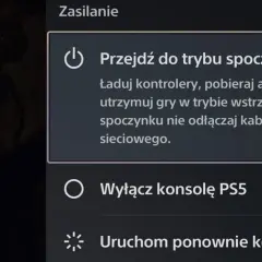 Menu zasilania konsoli PS5 z opcjami: tryb spoczynku, wyłączenie i ponowne uruchomienie.