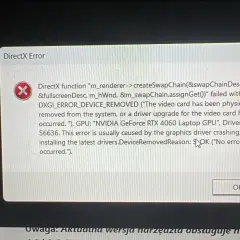 Okno błędu DirectX z komunikatem o problemie z kartą graficzną NVIDIA GeForce RTX 4060.