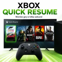 Konsola Xbox Series X, kontroler i ekran z grami Forza Horizon 5, Halo Infinite, Gears 5, Red Dead Redemption 2, The Witcher 3.