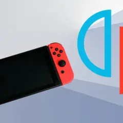 Konsola Nintendo Switch z niebieskim i czerwonym Joy-Conem obok symbolu podzielonego okręgu.
