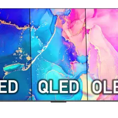 Trzy panele telewizora z abstrakcyjnym wzorem w kolorach niebieskim, turkusowym i różowym, z napisami LED, QLED, OLED.