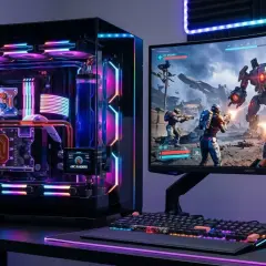 Komputer z podświetleniem RGB i monitor wyświetlający grę ARC Raiders.
