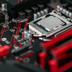Zbliżenie na procesor Intel Core i5 zamontowany na czerwono-czarnej płycie głównej.