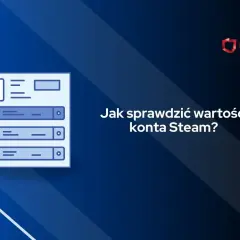 Grafika przedstawia ikonę z symbolem dolara i listą elementów, sugerującą jak sprawdzić wartość konta Steam.