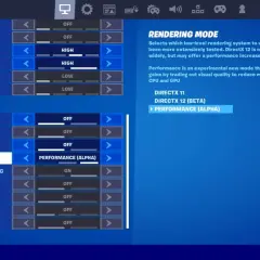Ustawienia graficzne Fortnite na PC: tryb renderowania DirectX 12 (Beta) Performance (Alpha) dla lepszej wydajności.