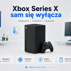 Xbox Series X z kontrolerem, ikony diagnostyki, chłodzenia i zasilania.