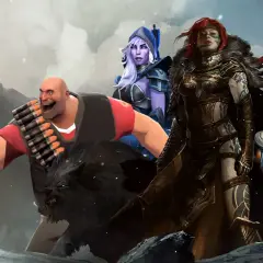 Postacie z gier, w tym Heavy z TF2, elfka i wojowniczka, na tle zimowego krajobrazu. Idealne na fajne gry na Steam!