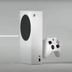Biała konsola Xbox Series S i biały kontroler na szarym tle. To jest co to jest Xbox.