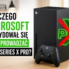 Czarna konsola Xbox Series X i kontroler na drewnianym stole, z napisem "PRO" przekreślonym na czerwono.