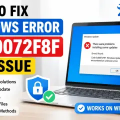 Laptop z błędem aktualizacji Windows 0x80072F8F i tekstem "Jak naprawić problemy z aktualizacją Windows?".