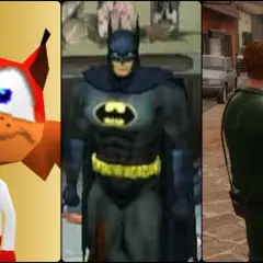 Trzy postacie z gier: rudy kot, Batman i żołnierz strzelający z karabinu.