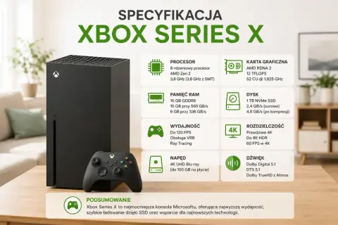 Xbox Series X z kontrolerem, specyfikacja konsoli: procesor, RAM, grafika, dysk SSD, wydajność 120 FPS, rozdzielczość 4K/8K. xsx.