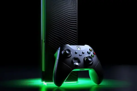 Nowa konsola Xbox next gen z kontrolerem, otoczona zielonym blaskiem. Gotowy na przyszłość gier?