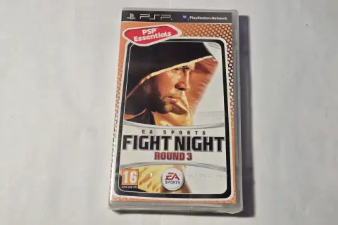 Okładka gry Fight Night Round 3 na PSP. Bokser w kapturze, gotowy do walki. Idealna dla fanów gier sportowych na PS5.