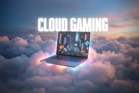 Laptop unoszący się na chmurach z neonowym miastem na ekranie. Napis "CLOUD GAMING".
