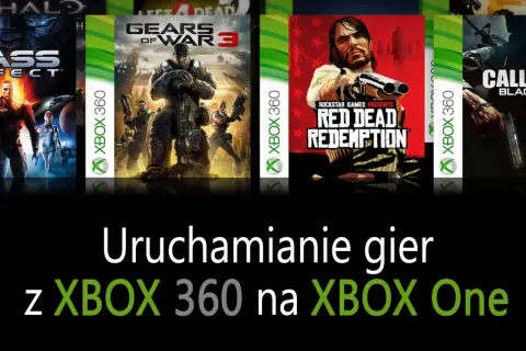 Okładki gier na Xbox 360, m.in. Gears of War 3 i Red Dead Redemption, na tle tekstu "Uruchamianie gier z XBOX 360 na XBOX One".