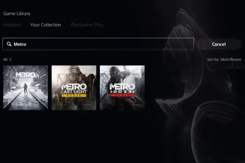 Biblioteka gier z wyszukaniem "Metro". Widoczne okładki gier: Metro Exodus, Metro Last Light Redux i Metro 2033 Redux.
