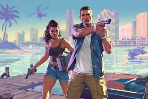 Para z bronią na molo, w tle miasto i policyjna łódź. Wygląda jak scena z GTA 6 PC.