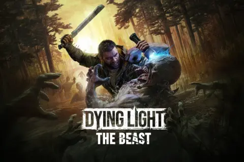 Człowiek walczy z potworem w lesie, otoczony przez zombie. Napis "Dying Light The Beast".