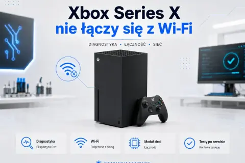 Konsola Xbox Series X z kontrolerem, symbol Wi-Fi z przekreśleniem.