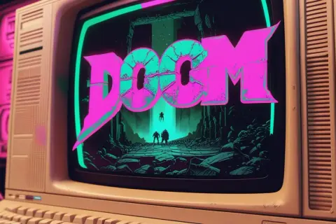 Stare gry komputerowe na ekranie starego monitora. Neonowy napis "DOOM" i sylwetki postaci w mrocznym krajobrazie.