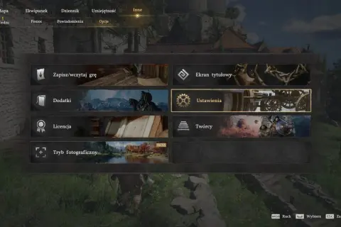Menu gry z opcjami: Zapisz/wczytaj grę, Ustawienia, Ekran tytułowy. W tle widać efekt motion blur.