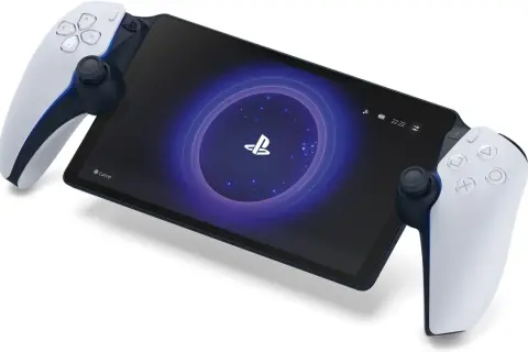 Nowe psp z kontrolerami DualSense, ekran z logo PlayStation i wskaźnikami baterii.