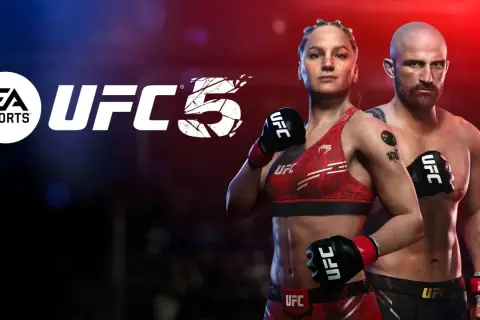 EA SPORTS UFC 5 na PC. Dwie postacie zawodników UFC, kobieta i mężczyzna, gotowi do walki.
