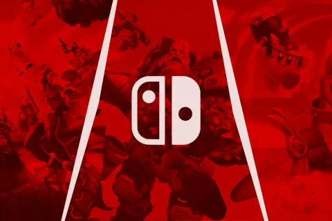 Logo Nintendo Switch na tle postaci z gier w czerwonych barwach.