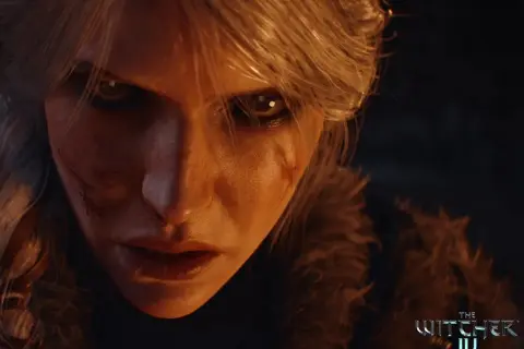 Zbliżenie na twarz Ciri z bliznami, w tle logo Wiedźmin IV. Czy moje PC sprosta wiedźmin 4 wymagania?
