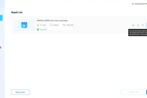 Naprawiony plik wideo 20191031_205005_lose_moov_meta.mp4, rozmiar 9.17 MB, czas 00:00:06, rozdzielczość 1920x1080. Błąd 0xc00d36c4 naprawiony.