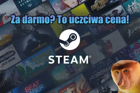 Darmowe gry na Steam to świetna okazja! Tło pełne okładek gier i logo Steam.
